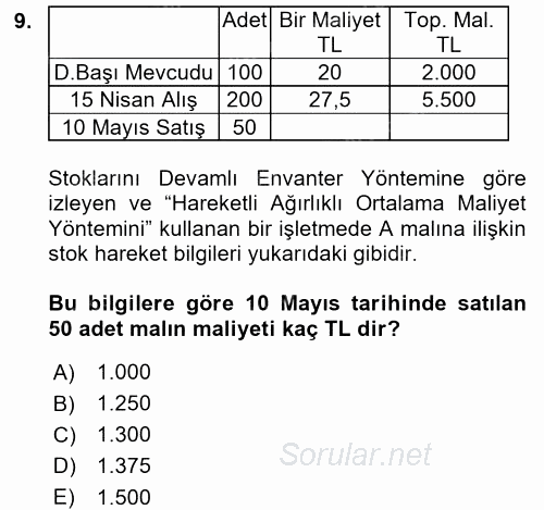 Envanter ve Bilanço 2016 - 2017 Ara Sınavı 9.Soru