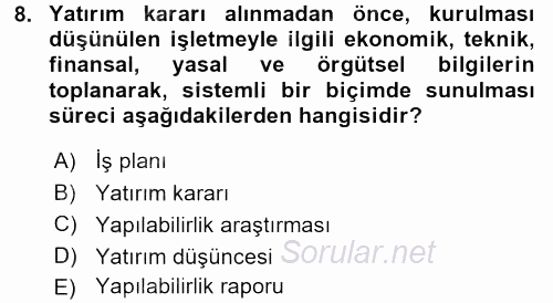 İşletme İlkeleri 2015 - 2016 Dönem Sonu Sınavı 8.Soru