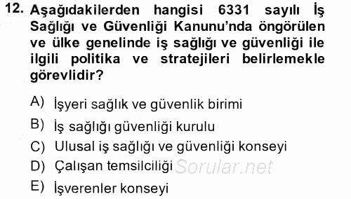 İş Sağlığı ve Güvenliği 2014 - 2015 Ara Sınavı 12.Soru