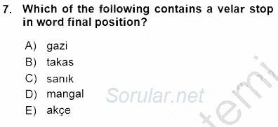 Türkçe Ses Ve Biçim Bilgisi 2015 - 2016 Ara Sınavı 7.Soru