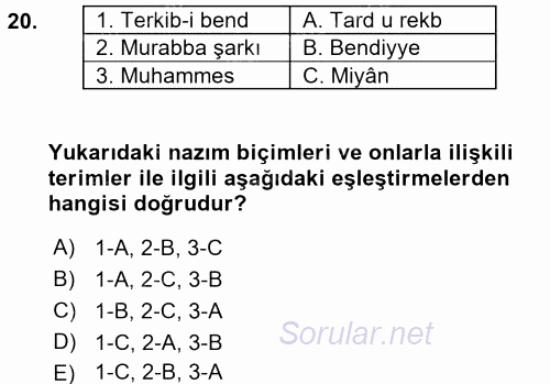 Eski Türk Edebiyatına Giriş: Biçim ve Ölçü 2017 - 2018 Ara Sınavı 20.Soru