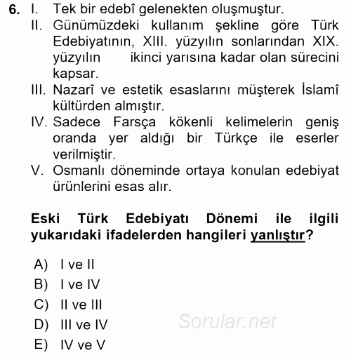 Eski Türk Edebiyatına Giriş: Biçim ve Ölçü 2017 - 2018 Ara Sınavı 6.Soru