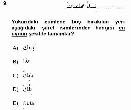 Arapça 2 2015 - 2016 Tek Ders Sınavı 9.Soru