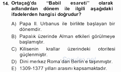 Orta Çağ-Yeni Çağ Avrupa Tarihi 2013 - 2014 Ara Sınavı 14.Soru