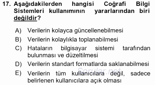 Coğrafi Bilgi Sistemleri 2015 - 2016 Ara Sınavı 17.Soru