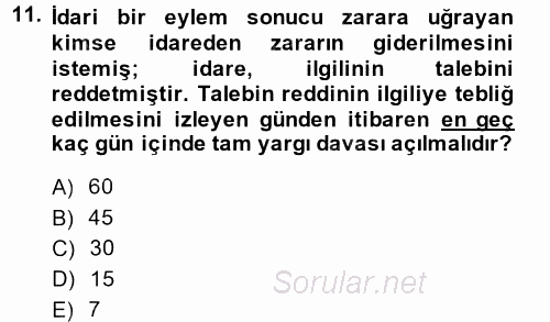 İdari Yargı 2014 - 2015 Dönem Sonu Sınavı 11.Soru