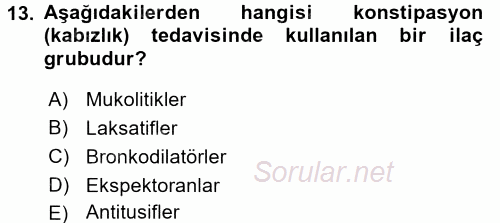 Temel İlaç Bilgisi Ve Akılcı İlaç Kullanımı 2017 - 2018 Ara Sınavı 13.Soru