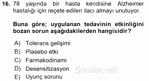 Temel İlaç Bilgisi Ve Akılcı İlaç Kullanımı 2017 - 2018 Ara Sınavı 16.Soru