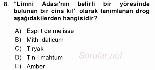 Temel İlaç Bilgisi Ve Akılcı İlaç Kullanımı 2017 - 2018 Ara Sınavı 8.Soru