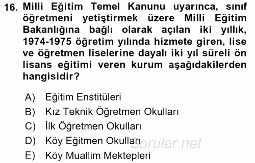 Eğitim Tarihi 2015 - 2016 Dönem Sonu Sınavı 16.Soru