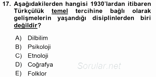 Türkiye´de Sosyoloji 2015 - 2016 Dönem Sonu Sınavı 17.Soru