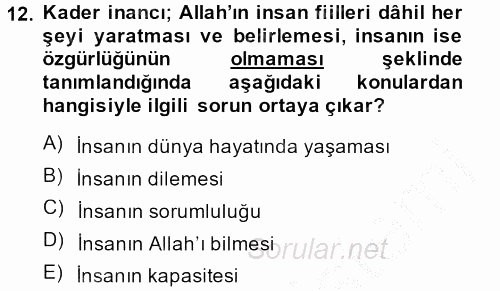 İslam İnanç Esasları 2014 - 2015 Dönem Sonu Sınavı 12.Soru