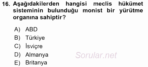 Anayasa Hukuku 2017 - 2018 Dönem Sonu Sınavı 16.Soru