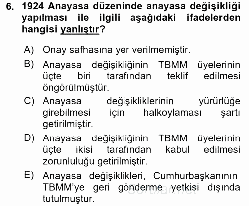 Anayasa Hukuku 2017 - 2018 Dönem Sonu Sınavı 6.Soru