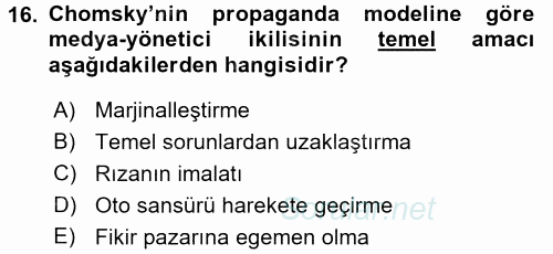 İletişim Kuramları 2016 - 2017 3 Ders Sınavı 16.Soru