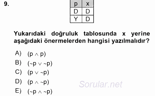 Sembolik Mantık 2016 - 2017 Dönem Sonu Sınavı 9.Soru