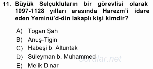 Orta Çağ ve Yeni Çağ Türk Devletleri Tarihi 2015 - 2016 Ara Sınavı 11.Soru
