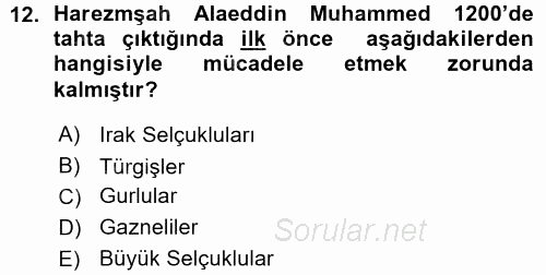 Orta Çağ ve Yeni Çağ Türk Devletleri Tarihi 2015 - 2016 Ara Sınavı 12.Soru