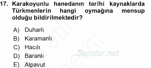 Orta Çağ ve Yeni Çağ Türk Devletleri Tarihi 2015 - 2016 Ara Sınavı 17.Soru