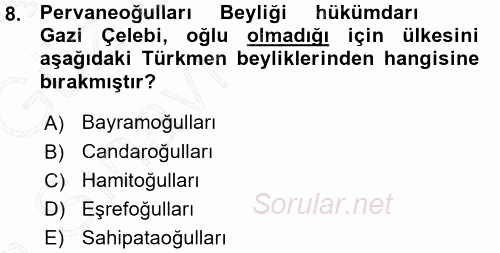 Orta Çağ ve Yeni Çağ Türk Devletleri Tarihi 2015 - 2016 Ara Sınavı 8.Soru