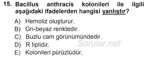 Veteriner Mikrobiyoloji ve Epidemiyoloji 2012 - 2013 Ara Sınavı 15.Soru