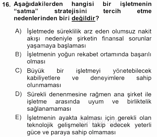 Stratejik Yönetim 2016 - 2017 Ara Sınavı 16.Soru