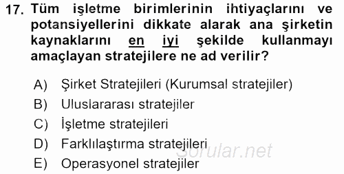 Stratejik Yönetim 2016 - 2017 Ara Sınavı 17.Soru