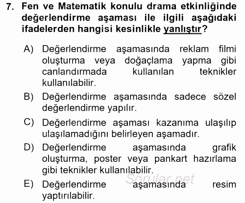 Çocuk Ve Drama 2016 - 2017 Dönem Sonu Sınavı 7.Soru