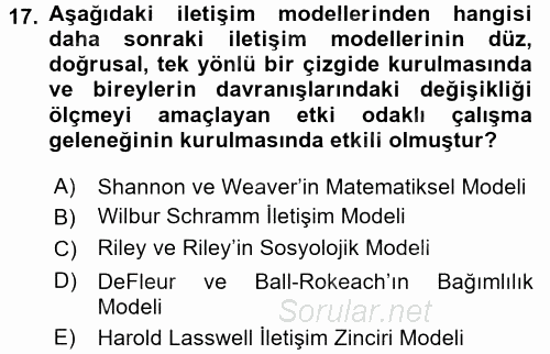 İletişim Kuramları 2015 - 2016 Tek Ders Sınavı 17.Soru