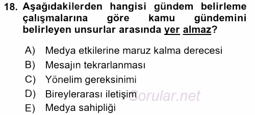 İletişim Kuramları 2015 - 2016 Tek Ders Sınavı 18.Soru