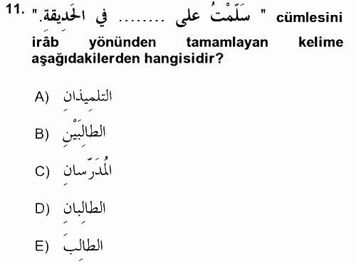 Arapça 1 2016 - 2017 Dönem Sonu Sınavı 11.Soru