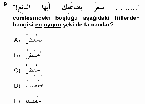 Arapça 1 2016 - 2017 Dönem Sonu Sınavı 9.Soru