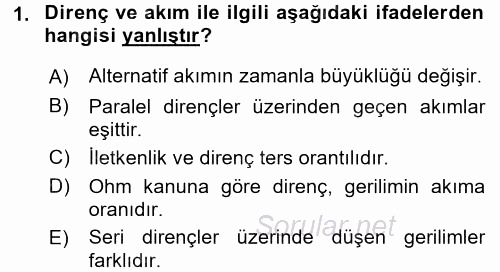 Devre Analizi 2017 - 2018 Dönem Sonu Sınavı 1.Soru