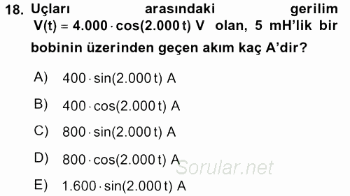 Devre Analizi 2017 - 2018 Dönem Sonu Sınavı 18.Soru