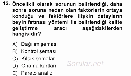 Konaklama Hizmetlerinde Kalite Yönetimi 2013 - 2014 Tek Ders Sınavı 12.Soru