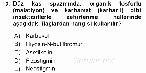 Temel Veteriner Farmakoloji ve Toksikoloji 2016 - 2017 Ara Sınavı 12.Soru
