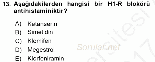 Temel Veteriner Farmakoloji ve Toksikoloji 2016 - 2017 Ara Sınavı 13.Soru