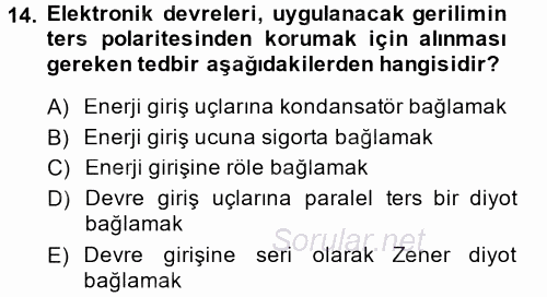 Elektrik Bakım, Arıza Bulma ve Güvenlik 2013 - 2014 Tek Ders Sınavı 14.Soru