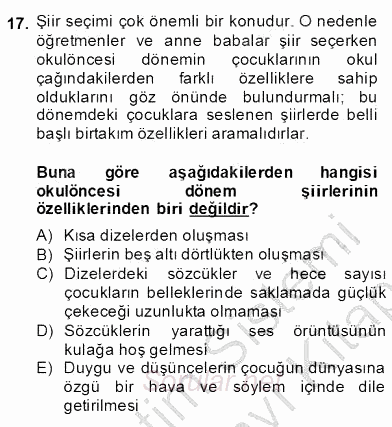 Okulöncesinde Çocuk Edebiyatı 2013 - 2014 Dönem Sonu Sınavı 17.Soru