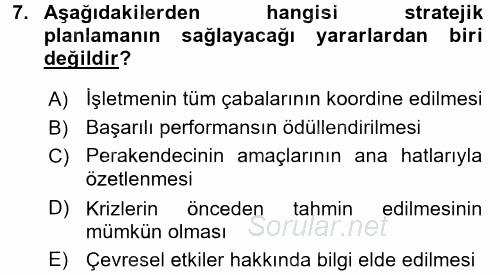 Perakende Yönetimi 2017 - 2018 Ara Sınavı 7.Soru