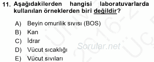 Veteriner Laboratuvar Teknikleri ve Prensipleri 2016 - 2017 3 Ders Sınavı 11.Soru