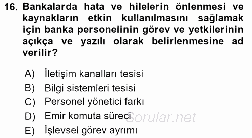 Bankaların Yönetimi Ve Denetimi 2016 - 2017 Dönem Sonu Sınavı 16.Soru