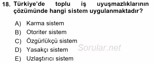 Çalışma İlişkileri 2017 - 2018 Dönem Sonu Sınavı 18.Soru