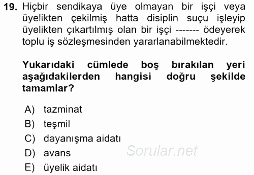 Çalışma İlişkileri 2017 - 2018 Dönem Sonu Sınavı 19.Soru