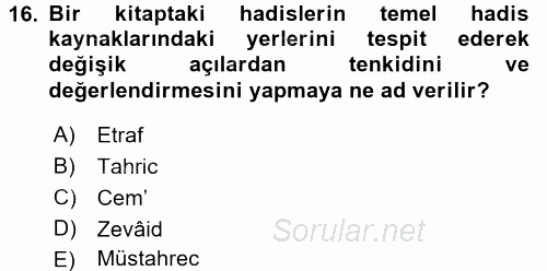 Hadis Tarihi ve Usulü 2015 - 2016 Ara Sınavı 16.Soru