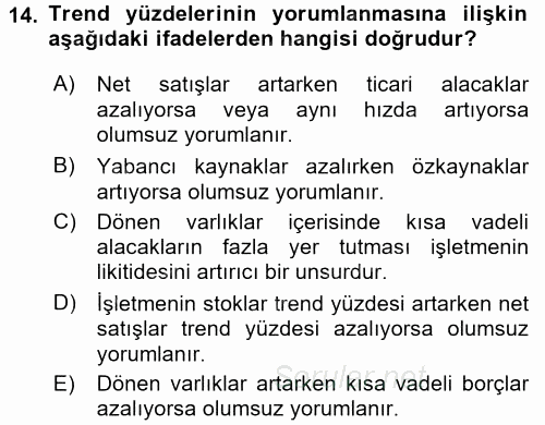 Muhasebe Denetimi ve Mali Analiz 2015 - 2016 Tek Ders Sınavı 14.Soru