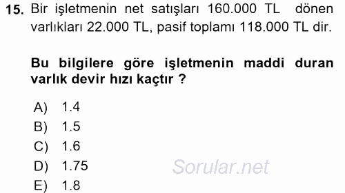 Muhasebe Denetimi ve Mali Analiz 2015 - 2016 Tek Ders Sınavı 15.Soru