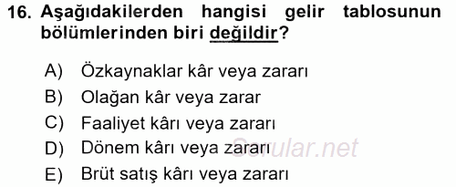 Muhasebe Denetimi ve Mali Analiz 2015 - 2016 Tek Ders Sınavı 16.Soru