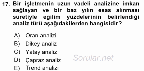 Muhasebe Denetimi ve Mali Analiz 2015 - 2016 Tek Ders Sınavı 17.Soru