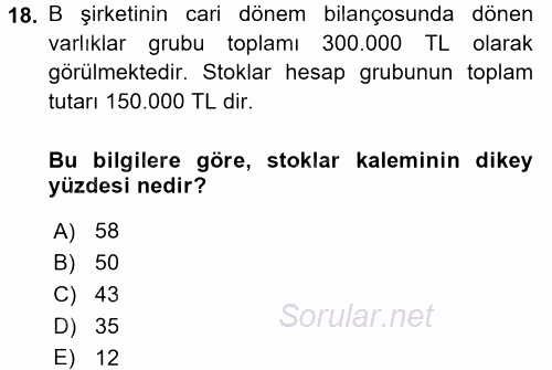 Muhasebe Denetimi ve Mali Analiz 2015 - 2016 Tek Ders Sınavı 18.Soru
